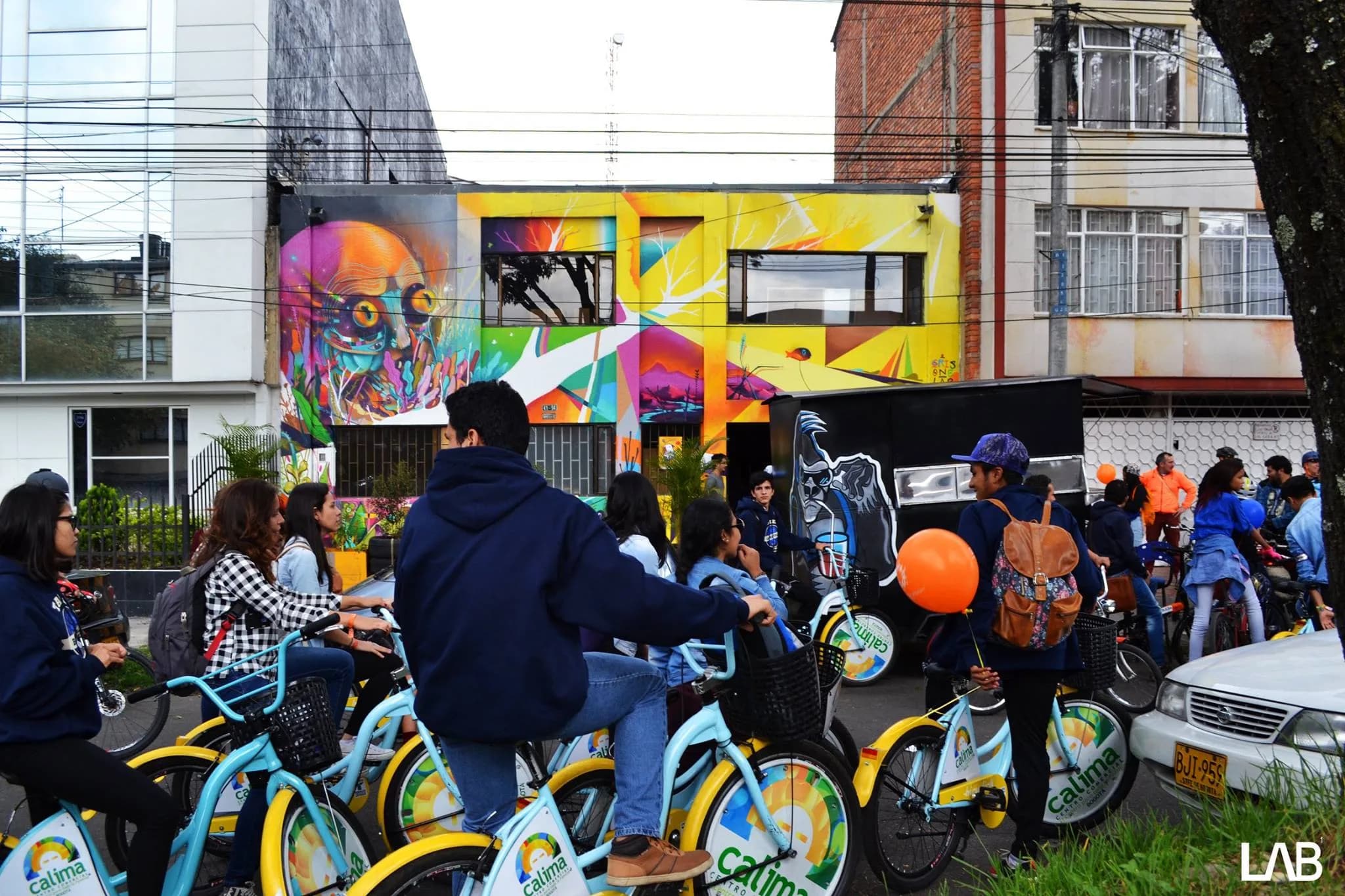 LAB1 as a street landmark, bikes and visitors outside